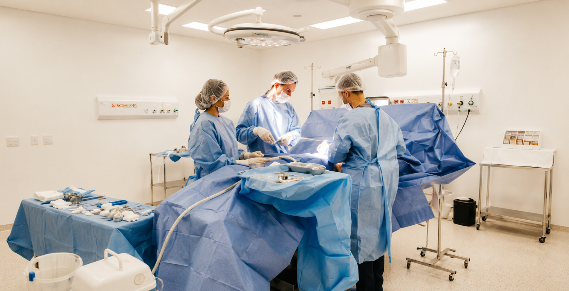 Ticket Design medical device design concept showing a surgical team performing a procedure in a modern operating room, representing innovation in healthcare product design and medical technology.