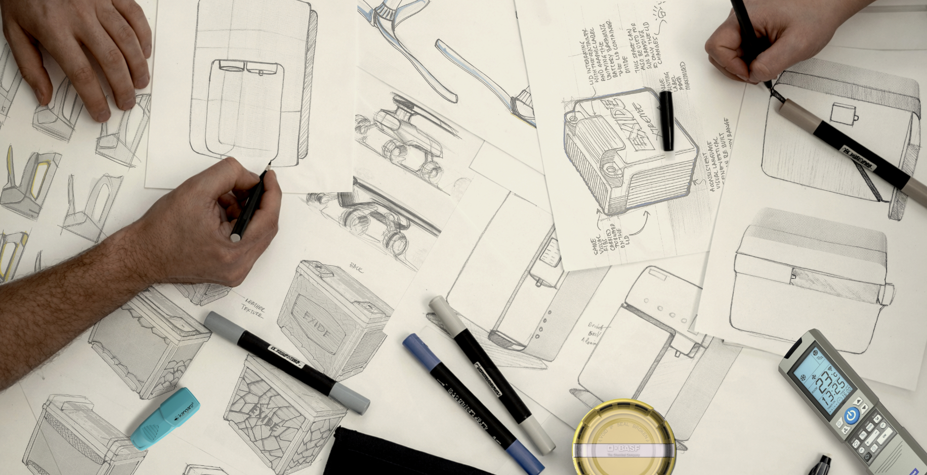 Hands sketching product concepts, showing the blend of engineering and creative thinking in product design