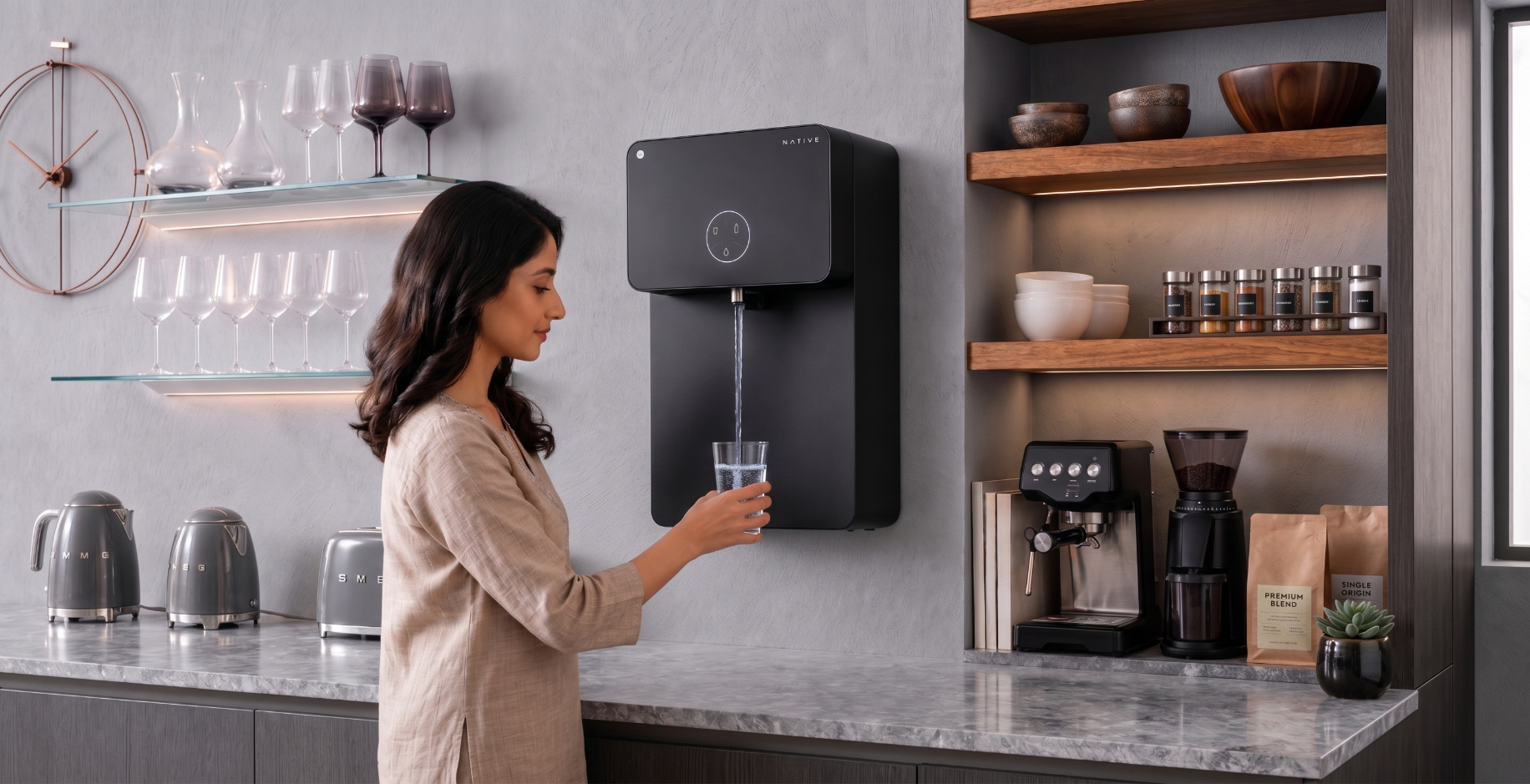 Native water purifier in a home kitchen, designed by Ticket Design.
