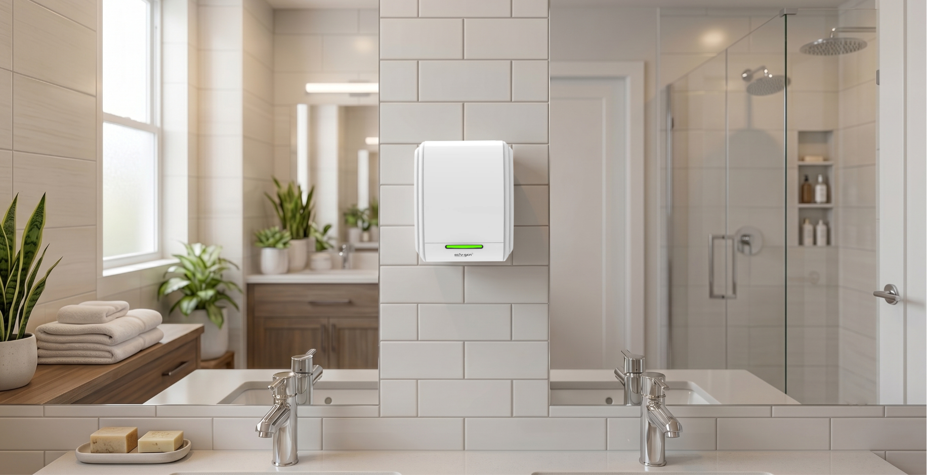 Oxygen-Powered air-care dispenser designed by Ticket Design, wall-mounted in a premium washroom.