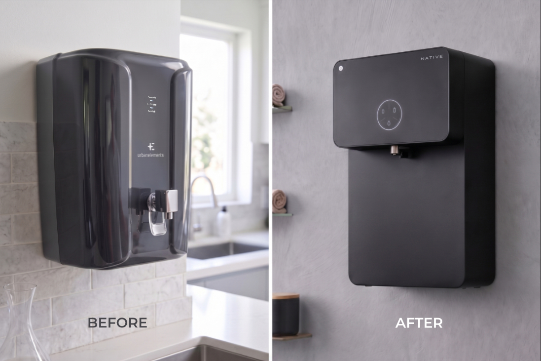 Industrial Design transformation of a water purifier showing before and after product design